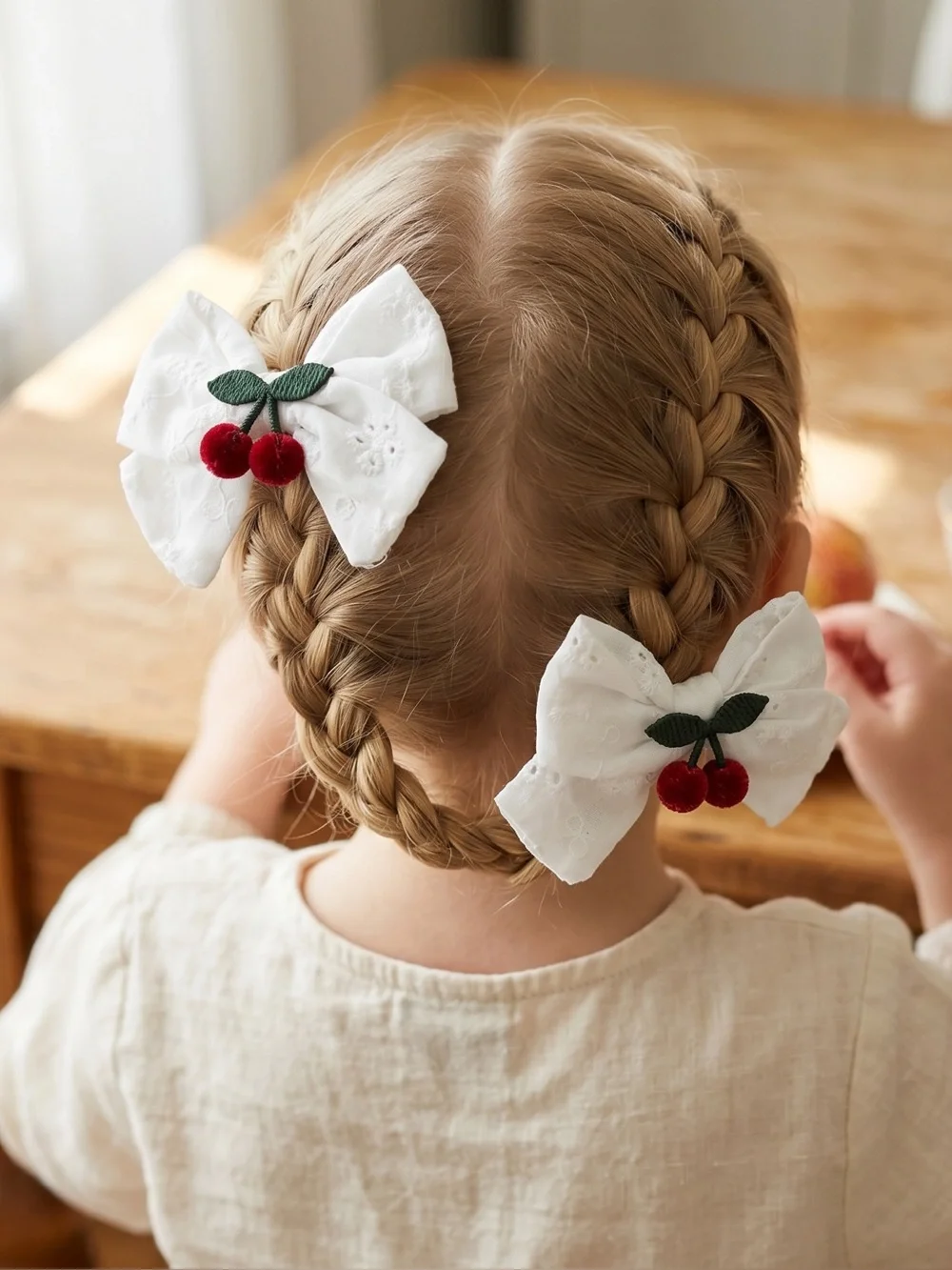 Handmade White Eyelet Cherry Hair Bows – Set of 2